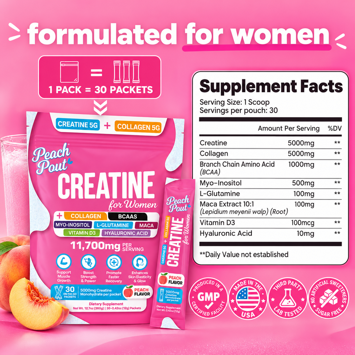 Peach Creatine + Collagen for Women – 30 On-the-Go Packets