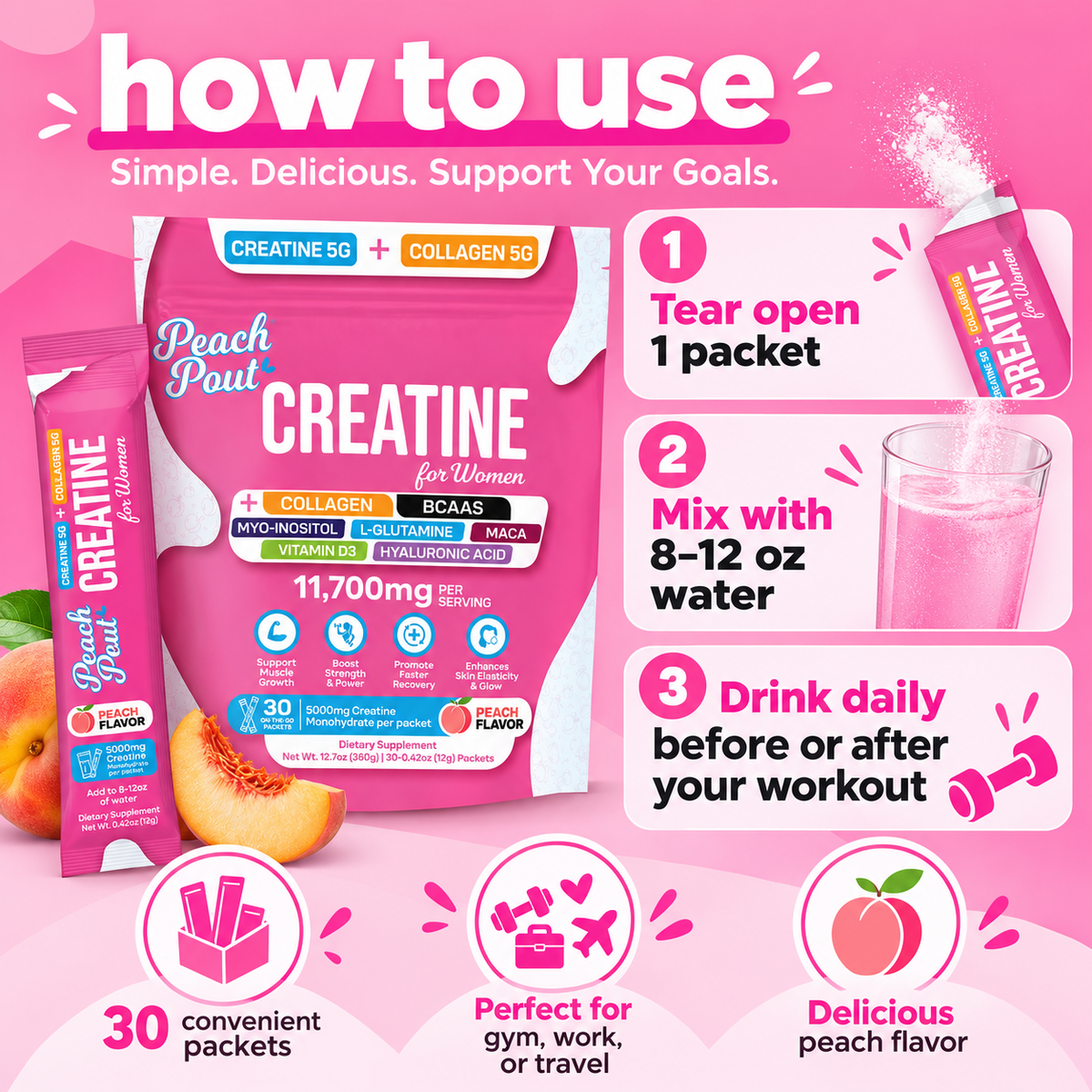 Peach Creatine + Collagen for Women – 30 On-the-Go Packets