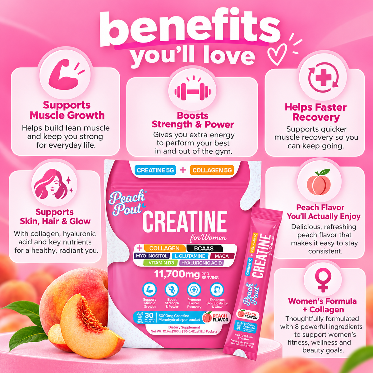 Peach Creatine + Collagen for Women – 30 On-the-Go Packets