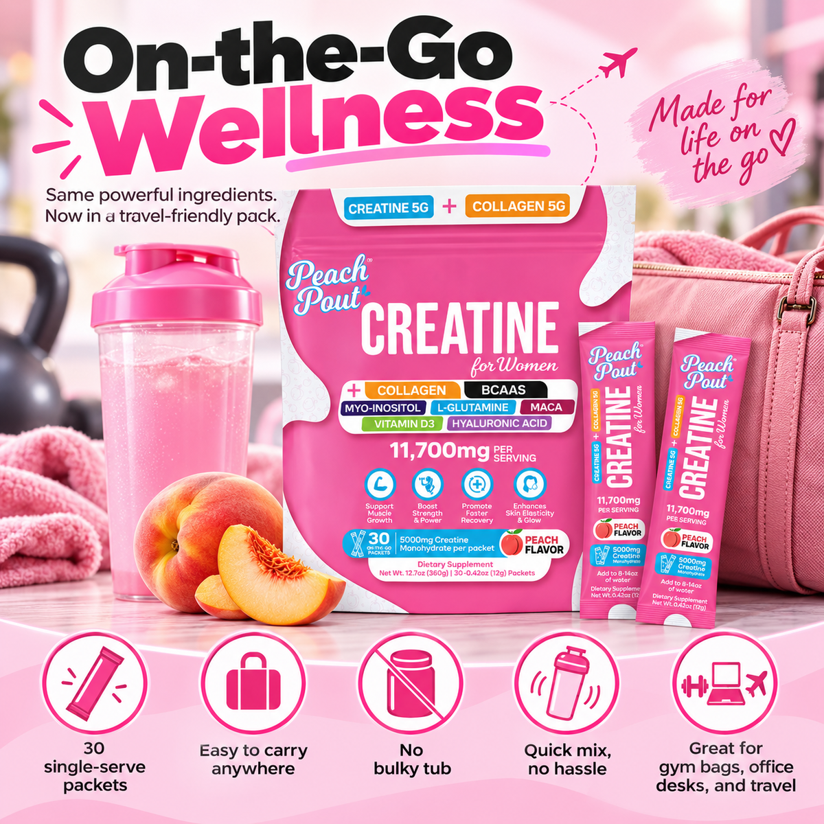 Peach Creatine + Collagen for Women – 30 On-the-Go Packets